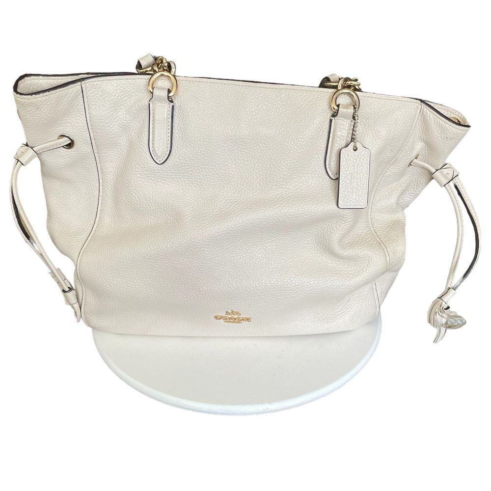 COACH ELLE LEATHER CHAIN TOTE SHOULDER BAG 72650 WHITE CHALK PEBBLE PURSE - Picture 3 of 13